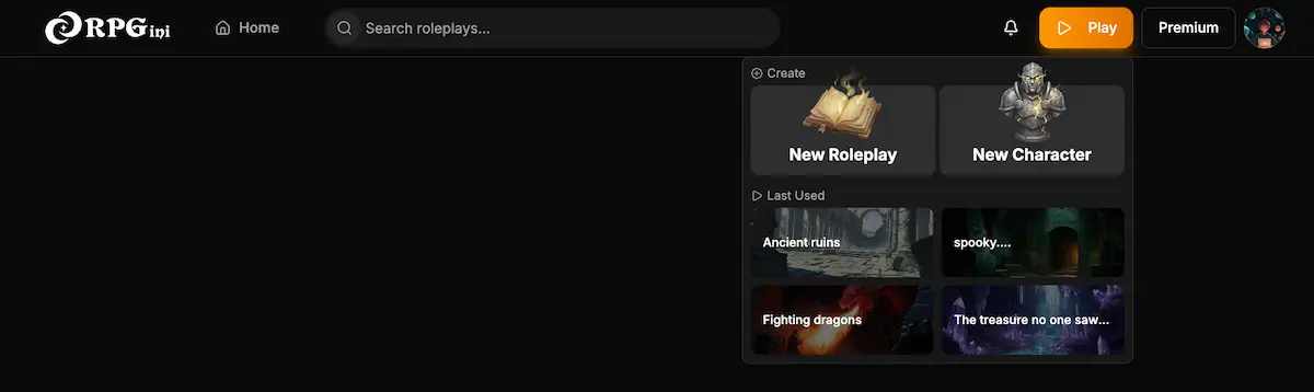 Play dropdown with New Character option